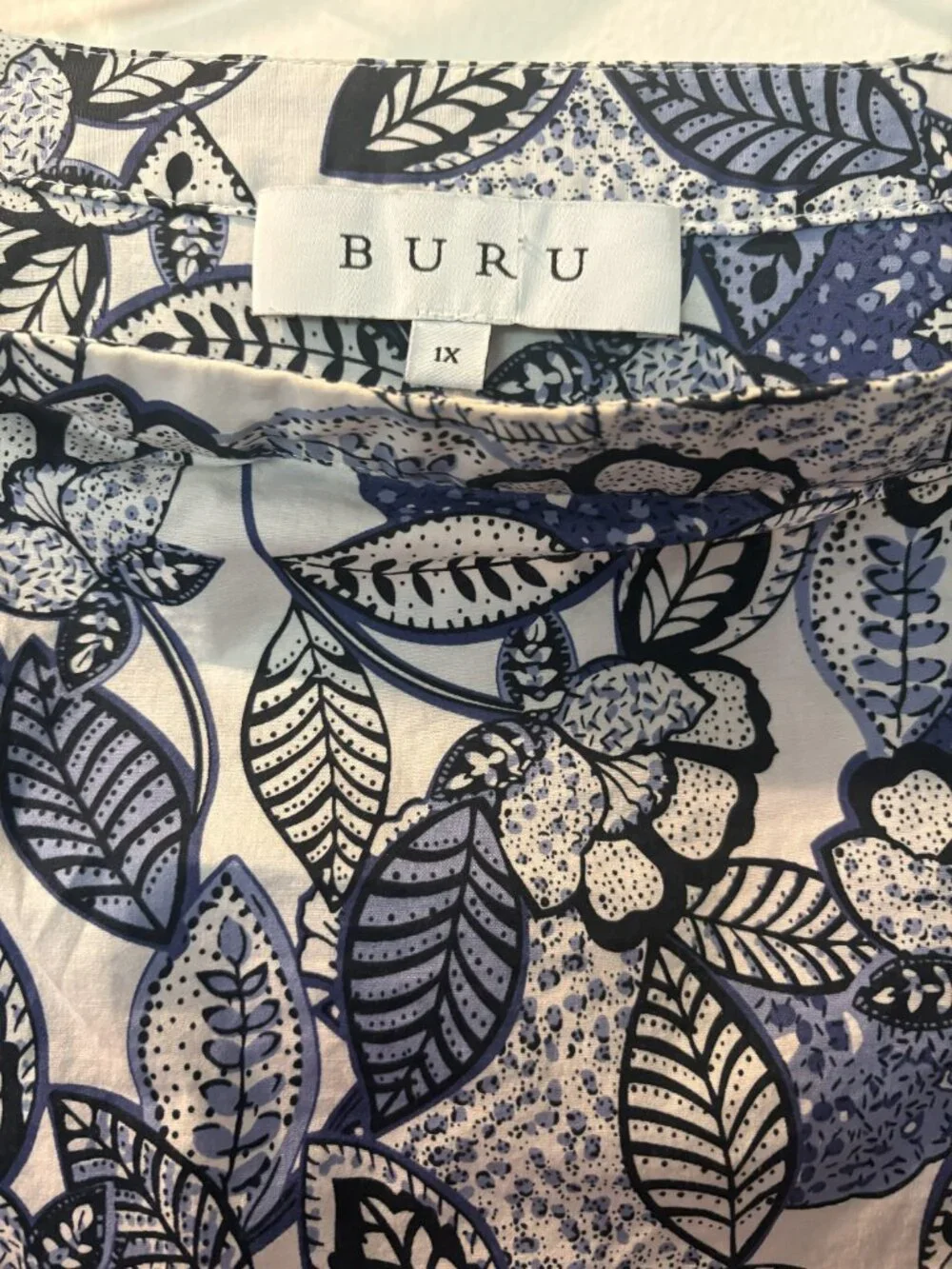 BURU Button Sleeve Blouse and Smocked Waist Mini Skirt in Blue Leaves Size 1X